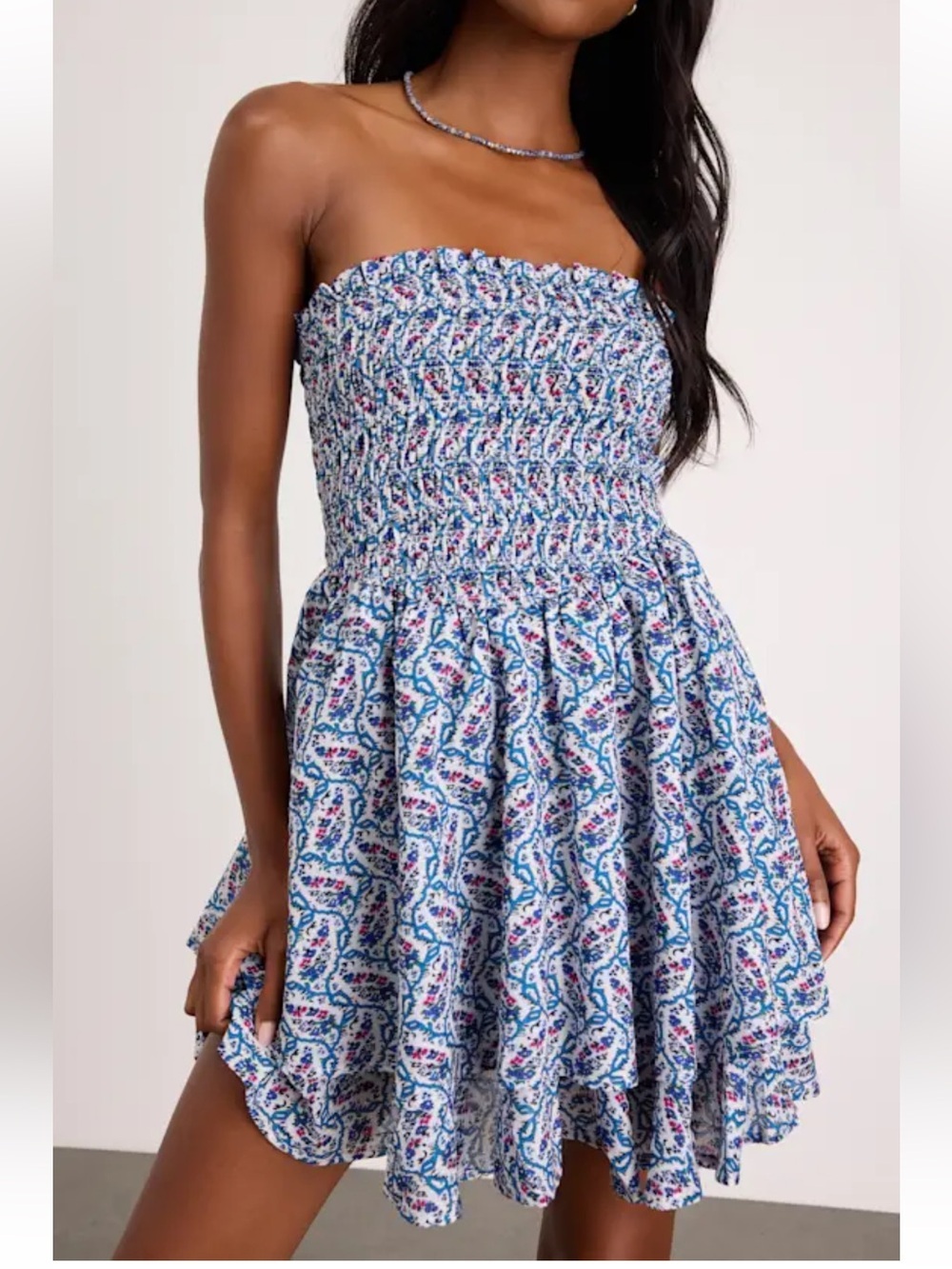 Lulus Carson Ivory and Blue Geometric Print Smocked Mini Dress - Picture 2 of 3